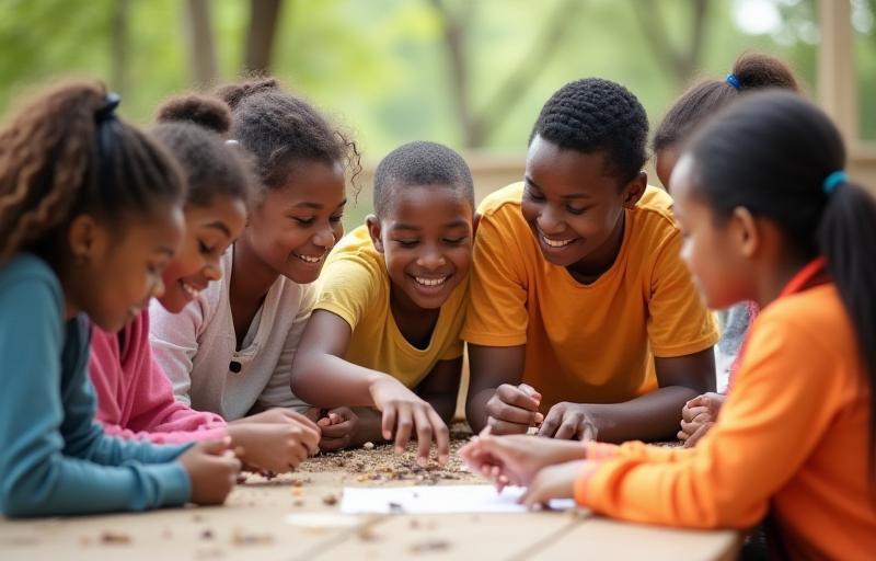 Diverse group of people collaborating on a project outdoors.