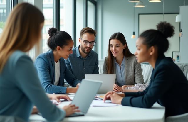 Team members discussing ideas in a modern office